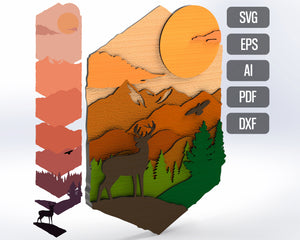 SVG Wall Art 3D Олень Лес Гора Цифровая загрузка Лазерный файл Glowforge Cricut